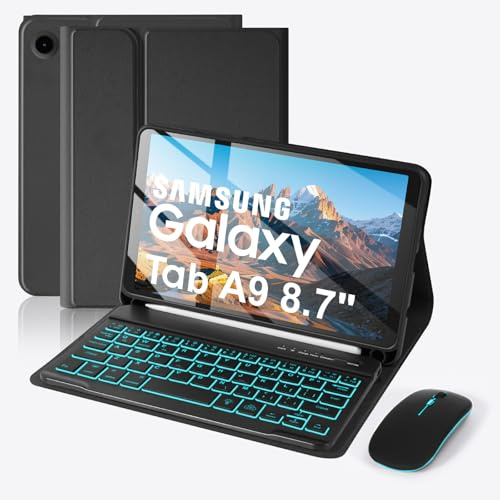 SOPPY Backlit Keyboard Case with Mouse for Samsung Tab A9 8.7 Inch/Galaxy Tab A11 8.7 Inch 2025, UK Layout, Slim Magnetic Cover with Detachable Wireless Keyboard for Samsung Galaxy Tab A11, Black