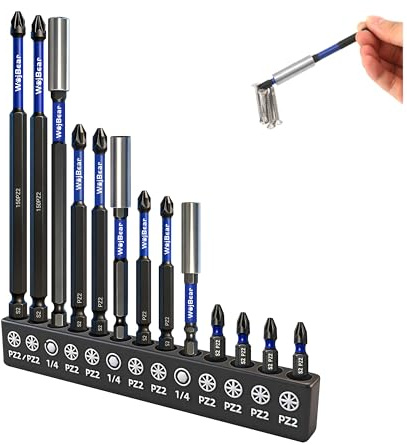 WojBear 13 PCS PZ2 Magnetic Impact Driver Bits，PZ2 Screwdriver Bit Set with Magnetic Drill Bit Holder (150mm*3 / 100mm*3 / 75mm*3 / 25mm*4)
