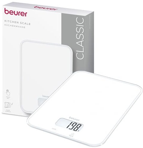 Beurer KS 19 Pure White balance de cuisine numérique, capacité de charge jusqu'à 5 kg (graduation précise au gramme près), avec commande tactile par capteur, balance alimentaire incl. piles, blanc