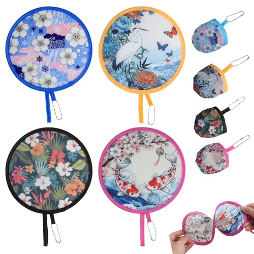 HotoPink 4 Pcs Foldable Fan, Round Japanese Style Handheld Folding Fan, Portable Fans with Japanese Style Patterns, Folding Handheld Fan for Summer Party Favors, Wedding, Cooling Outdoor Games