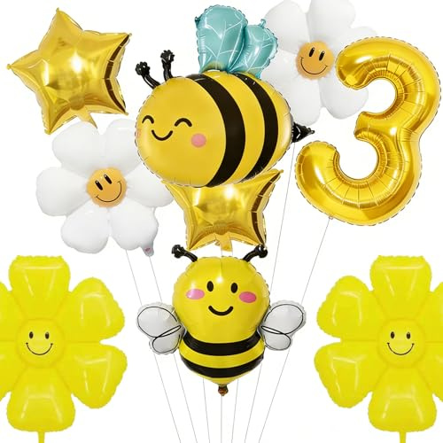 9 Stück Biene Geburtstag Deko, Bienen Deko Geburtstag Luftballons, Geburtstagsdeko 3 Jahre mit Biene Gänseblümchen Folienballon Gold Luftballon