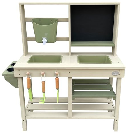 AXI Sev Sand & Wasser Spielküche/Matschküche aus FSC 100% Hemlockholz - Grau und Grün | Multifunktionelle Spielzeugküche/Sandküche für Kinder 3-teiligem Zubehörset mit Gartengeräten