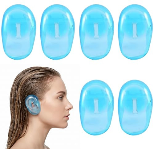FIQLUL 6 Piezas Protector Oidos Agua y Protector Orejas para Teñir el Cabello, Orejeras Impermeables de Plástico Reutilizables para Ducha, Peluquería, Baño y Salón, Accesorios de Tinte, Azul