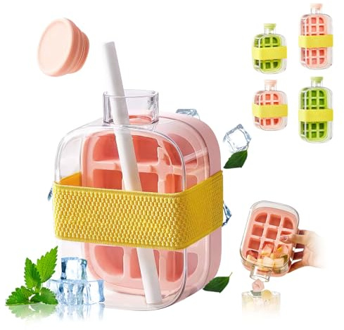 Ice Cube Bottle, 2 in 1 Iced Tray Cup, with Lid and Strap Easy Press to Release Vertical Cool Summer Ice Cube Tray for Freezer Portable and Waterproof Used as Water Cups (Pink, 500ml)