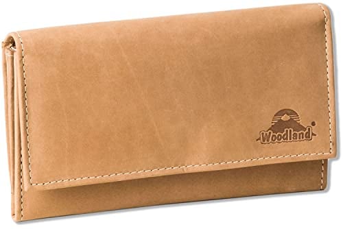 Woodland Große Luxus-Damengeldbörse mit viel Platz und RFID/NFC-Blocker Schutz, aus weichen naturbelassenem Büffelleder in Cognac