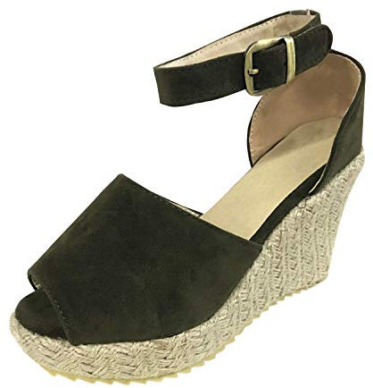 Minetom Femmes Mode Sandales Espadrille Corde Tréssé Lanière Cheville Sandale Talon Compensé Plateforme Boucle Tongs Été Cuir Suédé Chaussures Vert EU 35
