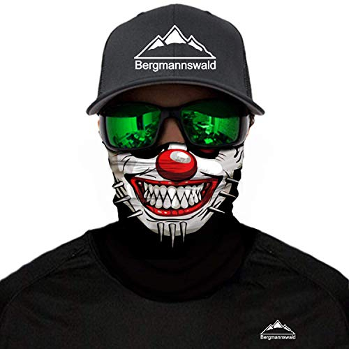 Bergmannswald® Multifunktionstuch - ausgefallene Designs - atmungsaktiv und flexibel - Ideal zum Reisen, Motorrad- und Skifahren (1er Pack, nahtlos, Der verrückte Clown)