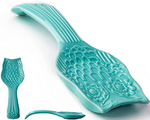 Decorative Owl Spoon Rest for Kitchen Countertop – Modern Farmhouse Spoon Holder for Stove in Lovely Aqua Blue, Made w/Chip-Free Ceramic – Dishwasher Safe Utensil Rest