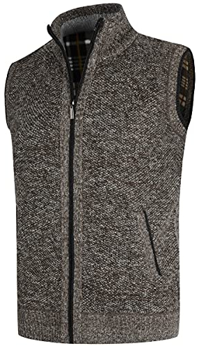 YOUTHUP Men's Knitted Gilet Full Zip Fleece Lining Cardigan Winter Thick Quilted Body Warmer, Brown, XL