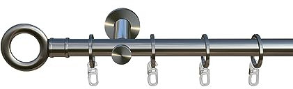 tilldekor Gardinenstange nach Maß, Le Havre, 1-lauf, Edelstahl-Optik 20 mm Durchmesser, Wunschmaßlänge 160 cm inkl. Trägern,Endstücken, Ringen und Faltenlegehaken