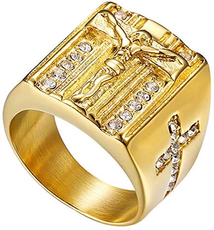 Flongo Herren-Ring Rosenkranz-Ring Männer Ring Daumenring aus Edelstahl Bandring Siegelring Gold Kreuz Kruzifix Jesus Herren-Accessoires