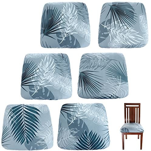 BTSKY Lot de 6 housses de siège extensibles imprimées avec attaches pour chaises de salle à manger – Housses amovibles, lavables, anti-poussière pour chaises de cuisine, bleu clair (sans chaise)