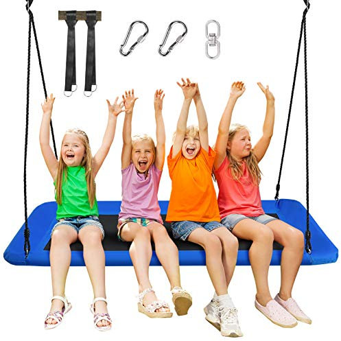 DREAMADE Balançoire Nid d’Oiseau Rectangulaire pour Enfants, Chaise Suspendue avec Siège Spacieux 150X80CM et Hauteur Réglable 100-180CM, Charge Max300KG, pour Jardin, Camping, Balcon (Bleu)