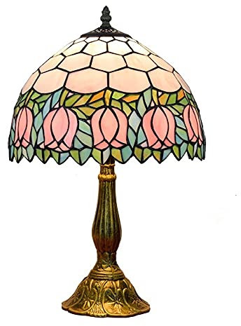 Blivuself Tiffany Lampe W12H18 Zoll Pink tulip Schatten Antike Tischlampe Sockel Schreibtisch Leselicht Liebhaber Wohnzimmer Schlafzimmer Bar Kunsthandwerk Geschenke