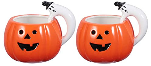 Luxshiny Cute Ceramic Pumpkin Cup 2PCS Ceramic Pumpkin Shaped Coffee Mug, Halloween Pumpkin Mugs Milk Soup Cup Water Mug with Ghost Handle Fun Mugs for Halloween Party Favor