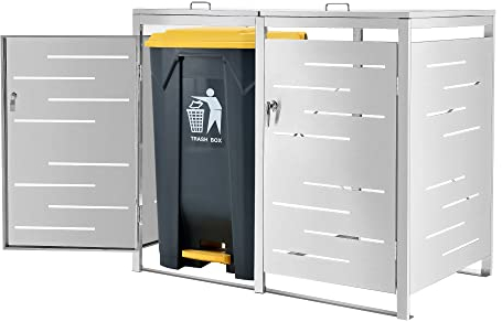 [en.casa] Mülltonnenbox 2er Fahrenwalde Mülltonnenverkleidung für 2 Tonnen 240l abschließbar Müllbox mit Deckel Mülltonnenhaus witterungsbeständig 116 x 132 x 80 cm Edelstahl Silber