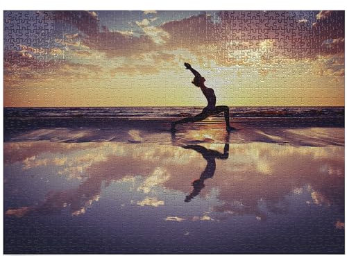 ABAKUHAUS Yoga Jigsaw Puzzle, Woman Practicing Yoga on Beach Sunset Dramatic Sky Water Reflection Image, Heirloom-Quality Fun Activity for Family Durable Cardboard, 1000 pcs, Yellow Blue Dark Brown