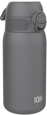 Ion8 Gourde Enfant, Inox Léger, 400ml, Non Isolé, Anti-Fuite, Facile à Ouvrir, Verrouillage Sécurisé, Lavable au Lave-Vaisselle, Poignée de Transport, Acier Inoxydable, Gris
