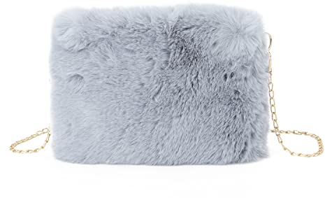 Syrads Damen Umhängetasche aus weichem Plüsch Clutch Handtasche mit Kette,Grau