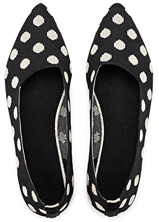 Frank Mully Womens Pointed Toe Ballet Flat Knit Dress Shoes Low Wedge Flat Shoes Comfort Slip On Flats Shoes for Woman Classic Softable Shoes, Point Black, 4.5 UK