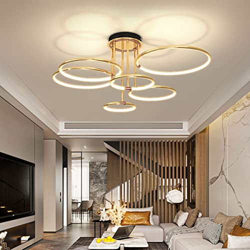 LED Deckenleuchte Creative Gold Ringsform Design Wohnzimmer Deckenlampe Dimmbar mit Fernbedienung Schlafzimmerlampe für Arbeitszimmer Wohnzimmer Schlafzimmer Esszimmer Beleuchtung (6 Ringe)