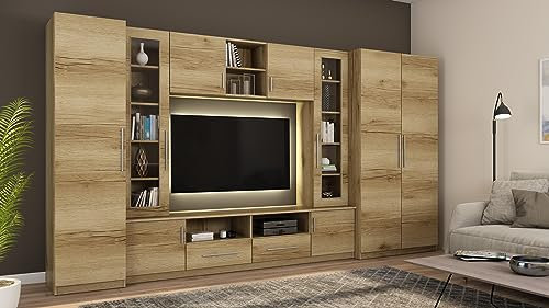 eMeblast Wohnwand Neptun - Schrankwand - Vitrinen - Hängeschrank - Wohnzimmer - Klassisches Design - Elegant Möbel - Wohnzimmerschränke - BxHxT 370x200x52-2 Schränke - TV-Lowboard - Anbauwand