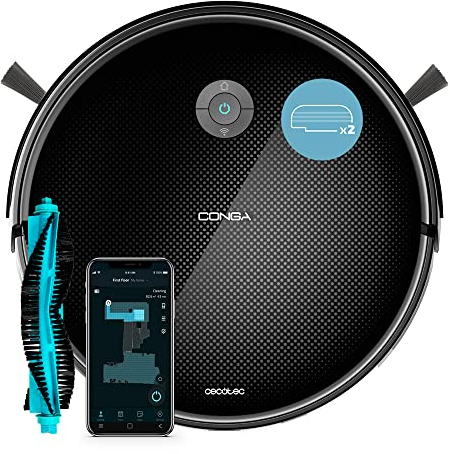 Cecotec Conga 2299 Inertial X-Treme Staubsaugerroboter, Gyroskop-Technologie, Wischen, Absaugen und Mal fegen, 2100 Pa, App, Multifunktionsbürste, Alexa, Mixtank, 2 Wischmopps, Schwarz