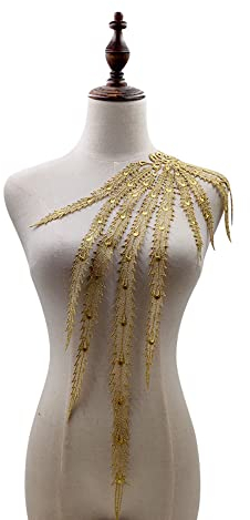 Wambere Bestickte Phönixschwanz Kragen Applikation,Stickerei Patch Phönixschwanz Applique Patches Einsatzkragen für Nähen Handwerk Kostüm Hochzeitskleid Brautkleid Deko,Gold
