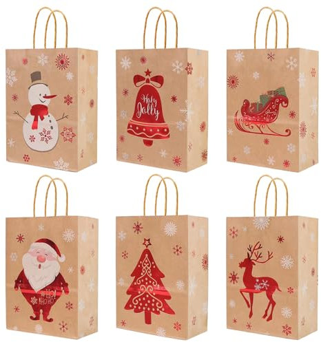 24 Stück Geschenktüten Weihnachten, Kraft Geschenktüten mit 6 Heißstempel Weihnachtsmustern 2024 neu, Weihnachtsgeschenktüten, Kraftpapiertüten mit Griffen für Party Geschenkverpackung (22x16x8 cm)