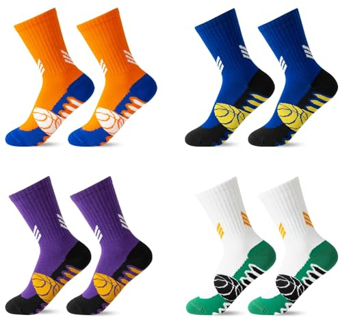 ARERWA Kinder Basketball Socken - 4 Paar Crew Sportsocken Kinder Jathletische Baumwoll Socken für Fußball Rugby Tennis 9-12 Jahre Jungen Mädchen