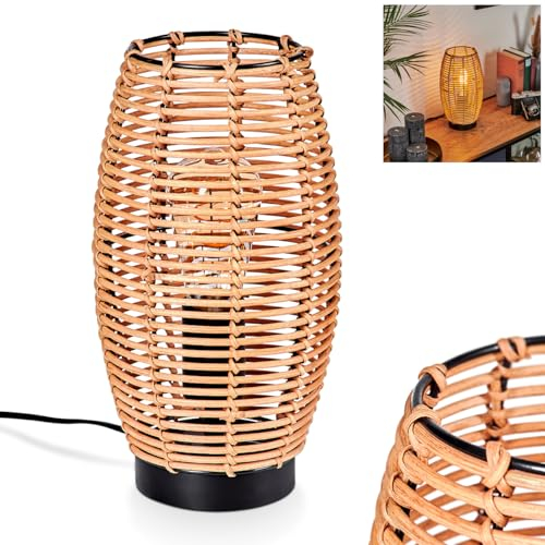 Tischleuchte Mulstrand, moderne Boho Tischlampe aus Metall/Rattan in Schwarz/Natur, Nachttischlampe mit Schirm in Gitter-Optik, An-/Ausschalter am Kabel und Lichteffekt, 1 x E27, ohne Leuchtmittel
