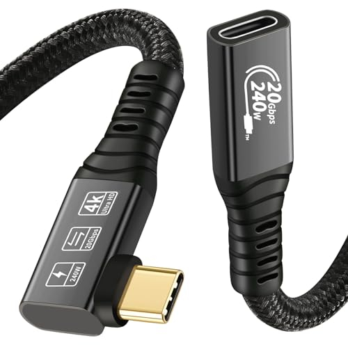 CHENLENIC Cable alargador USB C 3.2 de 90 grados, 20 Gbps, USBC 3.2 Gen2 tipo C macho a hembra, cable extensor Ultra HD 4K @ 60 Hz, 240 W, 20 Gbps, transferencia de datos con SSD externo eGPU