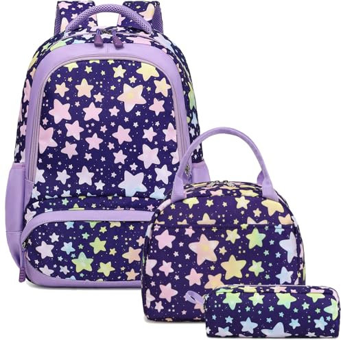 Kinderucksack Stern Rucksäcke für Mädchen Schulranzen Kinder Mädchen Schultaschen 3 TLG. Sets für Grundschule 1-5 Klasse,Reisen Wandern