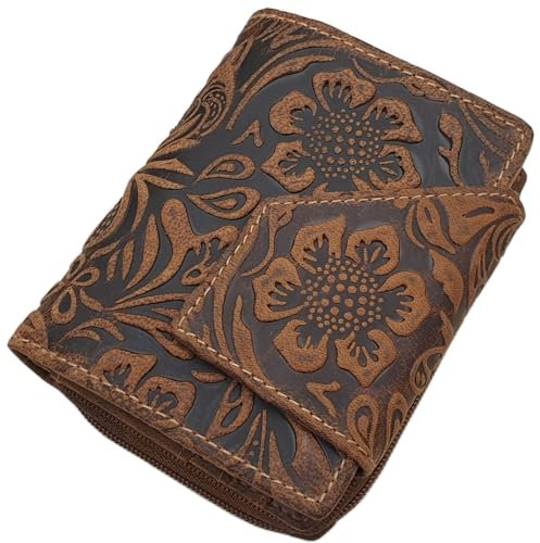 myledershop Kleine Büffel-Vollleder Damen Geldbörse/Geldbeutel/Portemonnaie/Geldtasche in Hochformat mit Lianen Prägung und RFID & NFC Schutz (Mit Lianen Prägung/Cognac)