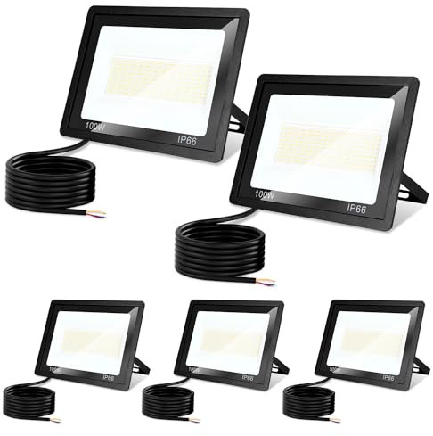 Jiubiaz LED Strahler Außen 100w, 3000K/4000K/6500K LED Strahler Dimmbar, Superhell LED Fluter Flutlichtstrahler, IP66 Wasserdicht LED Scheinwerfer Aussenstrahler für Hof, Garten, Garage(5 Stück)