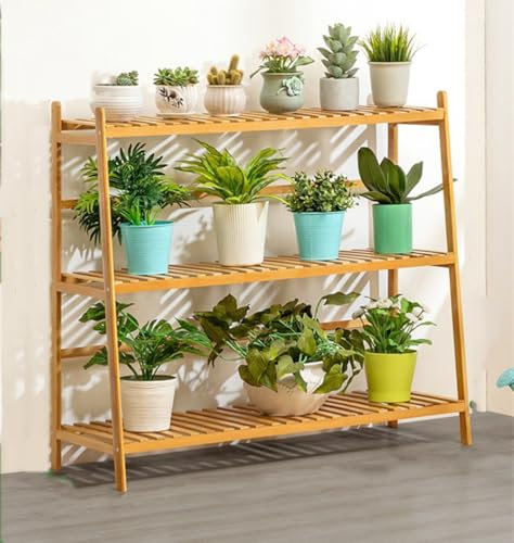 Dcbdx Bambus Leiter Pflanzenständer, 3/4 Etagen Holz Pflanzenregal Blumenregal, Pflanzentreppe für drinnen und draußen, Mehrstöckig Blumenständer,Wood 3 Floor,100cm