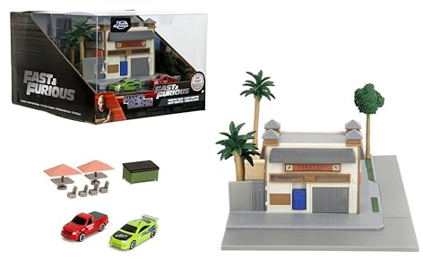 Jada Toys Fast & Furious Nanoscene: Toretto's Market & Cafe mit 2 Nano-Fahrzeugen - Hochdetailliertes Filmreplika-Spielset, Sammelszene für Kinder ab 8 Jahren