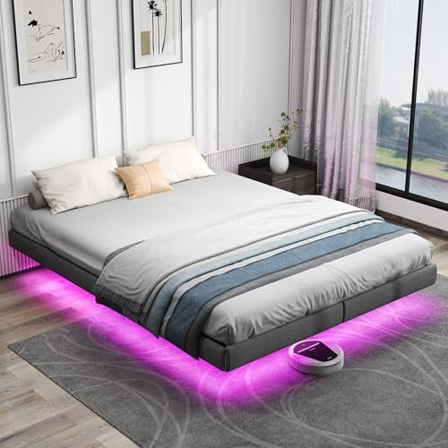 Floating King Bed Frame with LED Lights, 150x200cm Metal Platform King Size Bed Frame with Under Bed Storage, Heavy Duty Steel Slats Support, No Box Spring Needed, Noise Free, Easy Assembly, Grey
