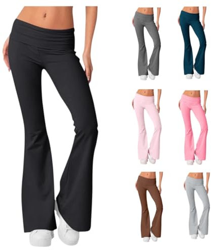 VMDUFSYEO Women's Comfortable Low-Rise Flared Leggings,Casual Fold Over Waist Solid Yoga Pants,Soft Cotton Workout Stretch Trousers