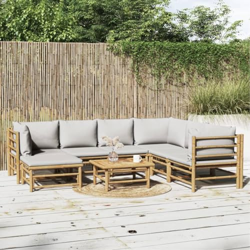 Willood 8-TLG. Garten-Lounge-Set mit Kissen Hellgrau Bambus 3xEckteil+3xMittelteil+Fußstütze+Tisch