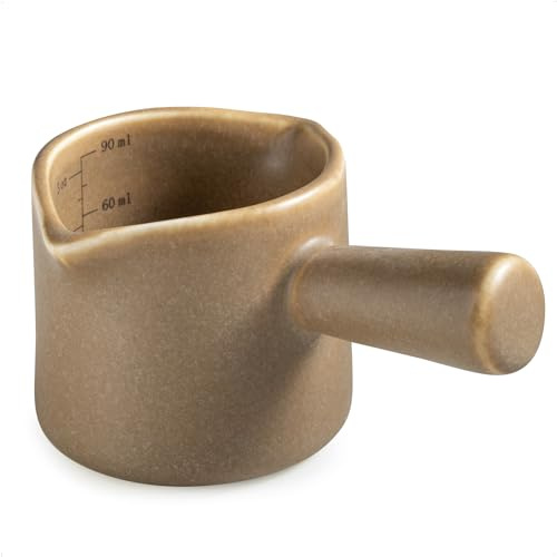 YHOJOY Espresso Measuring Cup, Ceramic Espresso Coffee Cup with Handle, Dual Spout Expresso Shots Cups, Milk Cup, Espresso Accessories, 3oz/90ml, Brown