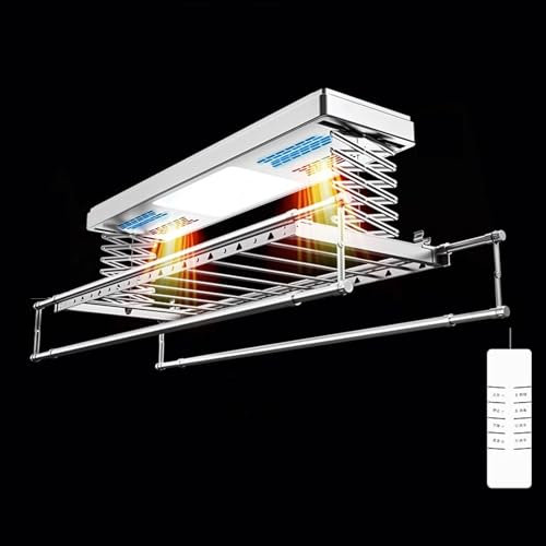 Beheizbare Wäscheständer mit Luftstrom Heben mit Fernbedienung, Deckentrockner Klappbar, Platzsparender Trockner für Handtücher mit 9 Sprossen(Silver)
