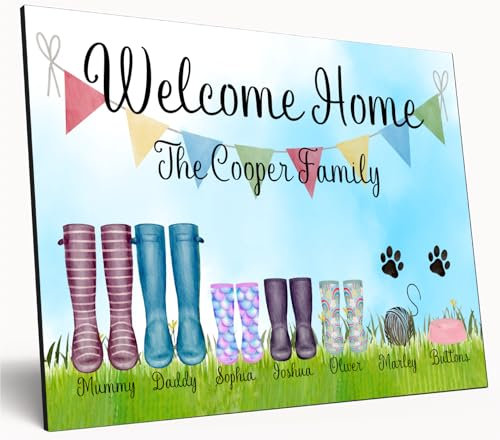 Personalised Family Welly Boot Sign Custom Wooden A4 Plaque Cute Watercolor Wall Art with Pets Kids Names (7 Boots)