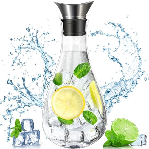 ZHHGOO Wasserkaraffe Glas,Glas Karaffe,Glaskaraffe mit Deckel aus Edelstahl,Saft Krug,Wasserkaraffe Benutzt für Eistee Früchtetee Kaffee Heißes Kaltes Wasser Milch Wein (1.8L)