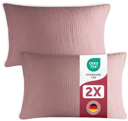 Blumtal Musselin Kissenbezug 40x80 cm 2er Set - Oeko-TEX zert. Musselin Kopfkissen 40x80 Bezug 100% Baumwolle - extra weiches Kissen-Set waschbar bei 40 °C - atmungsaktive Kopfkissenbezüge Violett