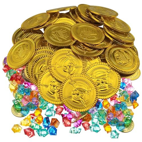 xianshi Schatztruhe Kindergeburtstag,100 Stück Piraten Goldmünzen,50 Stück Pirat Münzen Mit 50 Stücke Piraten Edelsteine,Piratenschatz,Edelsteine Für Goldtaler,Schatzsuche