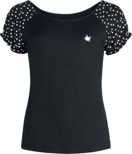 RED by EMP Damen schwarzes T-Shirt mit Raglanärmel und Katzen-Alloverprint