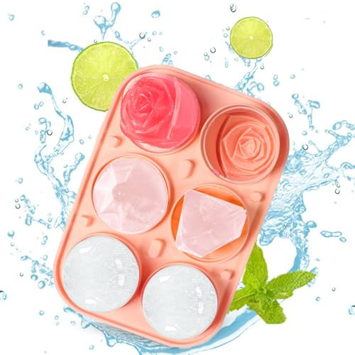 Luxoraiova Eiswürfelform Silikon, 6 3D Eiswürfelformen mit Rose Diamond Ice Ball, Wiederverwendbar Eiswürfelbehälter mit Deckel und Trichter, BPA Frei, für Eis, Whiskey, Cocktail, Saft (Rosa)