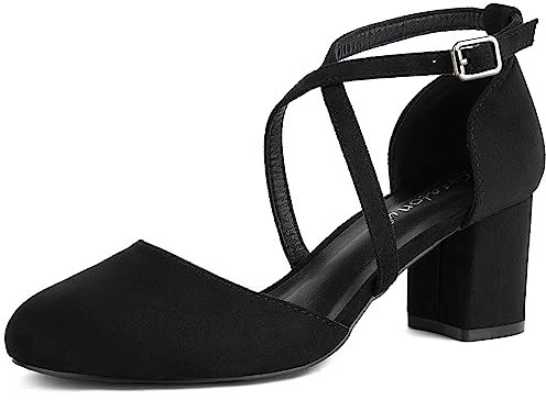 Greatonu Womens Court Shoes Mid Heel Chunky Dress Sandals Ladies Ankle Strap Wedding Party Pumps Black Size 3