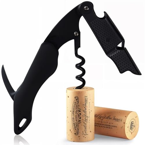 FLOW Barware Corkscrew, 3-in-1 Waiters Friend Corkscrew, Bottle Opener & Foil Cutter | Multi Purpose Steel Wine Opener Cork Screw | Cork Screws for Wine Bottles, Black